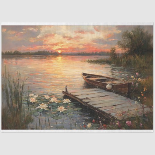 Vintages Rowboat bei Sunset Lake Decoupage Seidenpapier (Vorderseite)
