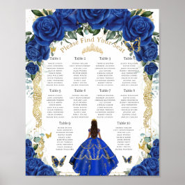 Vintages Royal Blue Floral Gold Quinceñera Sitzpla Poster