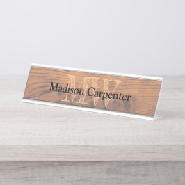 Vintages rustikales Braunholz Karpenter Monogramm Schreibtischnamensplakette