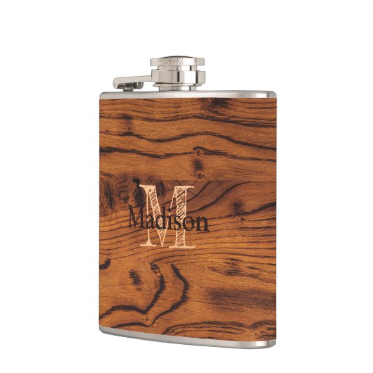 Vintages rustikales Braunholz Monogramm Flachmann (Links)