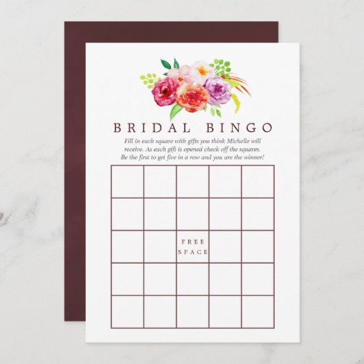 Vintages Rustikales Charm Floral Brautparty Bingo Einladung (Vorne/Hinten)