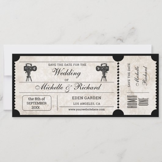Vintages Rustikales Filmticket Save the Date Einladung (Vorderseite)
