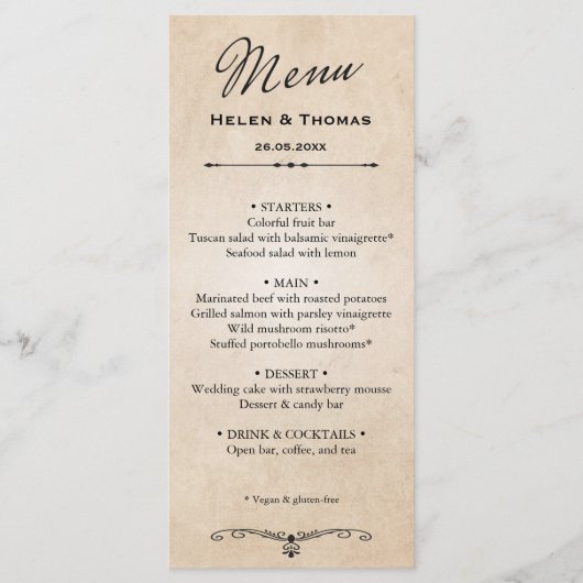 Vintages rustikales Hochzeitmenü Menükarte (Vorderseite)