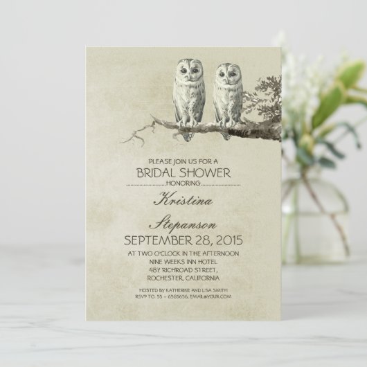 Vintages rustikales OWL Paar Brautdusche Einladung (Stehend Vorderseite)