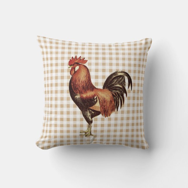Vintages rustikales Rooster auf Beige Gingham Kari Kissen (Vorderseite)