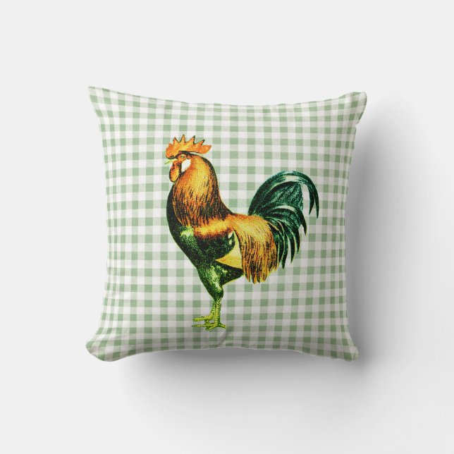 Vintages rustikales Rooster auf Sage Gingham Karie Kissen (Vorderseite)