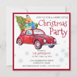 Vintages, rustikales, rotes Bettauto mit Weihnacht Einladung