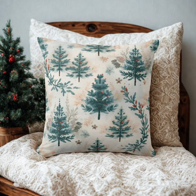 Vintages rustikales Winterpinienmuster Kissen (Vintage winter holiday pine tree pattern throw pillow)