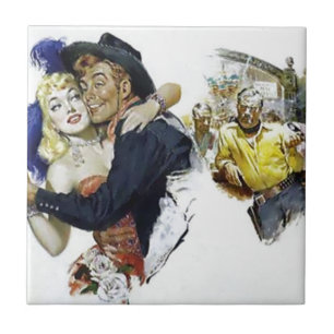 Vintages Saal-Mädchen-Cowboy-Bar-Tanz-Spaßplakat Fliese