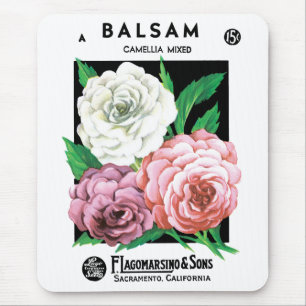 Vintages Saatgutpackungs-Label Kunst, Kamelien, Bl Mousepad