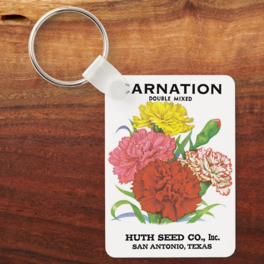 Vintages Saatpacketikett Art, Nelken Blume Schlüsselanhänger (Vorderseite)