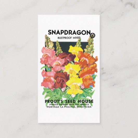 Vintages Saatpacketikett Art, Snapdragon-Blume Visitenkarte (Rückseite)