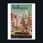 Vintages San Francisco Reiseplakat Postkarte<br><div class="desc">Diese Postkarte ist eine Reproduktion eines Vintagen San Francisco Reiseplakats mit einem Trolleyauto,  mit der Golden Gate Bridge im Hintergrund.</div>