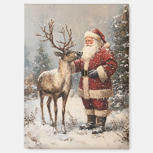 Vintages Santa Petting einer Rentiermalerei Magnet