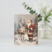 Vintages Santa Petting einer Rentiermalerei Postkarte (Stehend Vorderseite)