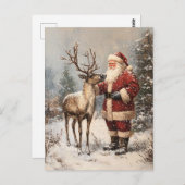 Vintages Santa Petting einer Rentiermalerei Postkarte (Vorne/Hinten)