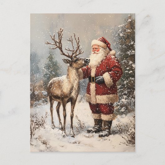 Vintages Santa Petting einer Rentiermalerei Postkarte (Vorderseite)