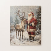 Vintages Santa Petting einer Rentiermalerei Puzzle (Vertikal)