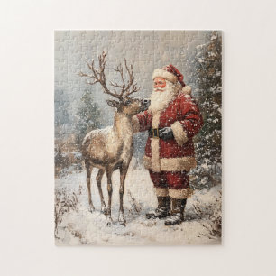 Vintages Santa Petting einer Rentiermalerei Puzzle