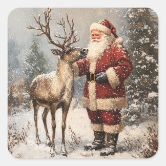 Vintages Santa Petting einer Rentiermalerei Quadratischer Aufkleber
