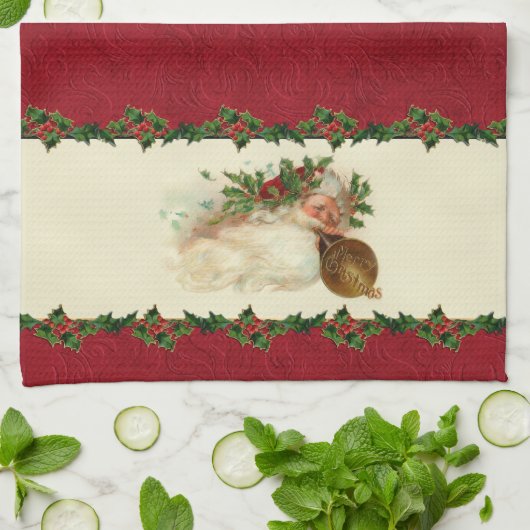 Vintages Santa und Holly Küchentuch (Gefaltet)