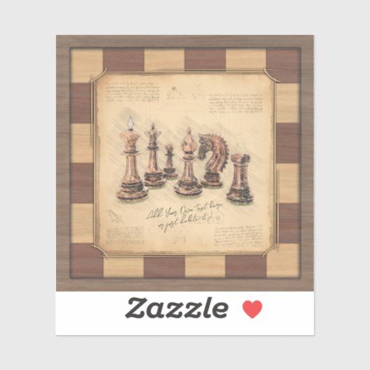 Vintages Schachbrett und Schachfiguren, Spielerges Aufkleber (Blatt)