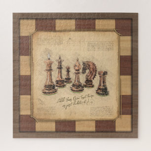 Vintages Schachbrett und Schachfiguren, Spielerges Puzzle