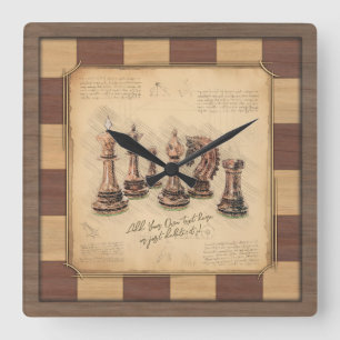Vintages Schachbrett und Schachfiguren, Spielerges Quadratische Wanduhr