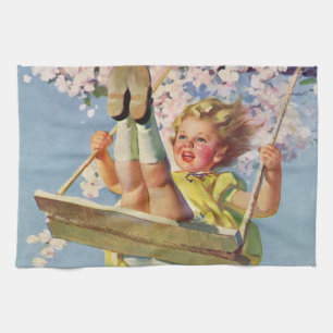 Vintages Schauen, Girl Swinging in a Tree Kinder s Geschirrtuch