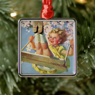 Vintages Schauen, Girl Swinging in a Tree Kinder s Silbernes Ornament