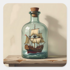 Vintages Schiff in einer antiken Flasche Quadratischer Aufkleber