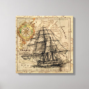Vintages Schiff und Karte Leinwanddruck