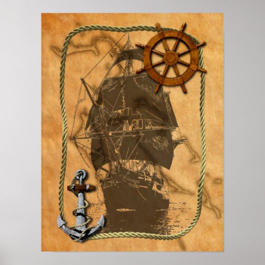 Vintages Schiff und Karte Poster (Vorne)