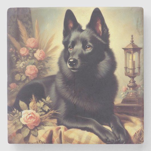 Vintages Schipperke Dog Gemälde Steinuntersetzer (Vorderseite)