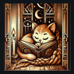 Vintages Schlafen Art Deco Cat mit einem Buch Acryl Wandkunst<br><div class="desc">Adorable Vintage Kunst-Deko-Art-Art-Illustration einer Katze schlafend auf einem Buch mit Kerzenlicht,  vor einem Fenster mit einem Nachthimmel mit Mond und Sternen draußen. Die Farben sind braune Sepia-Töne.</div>