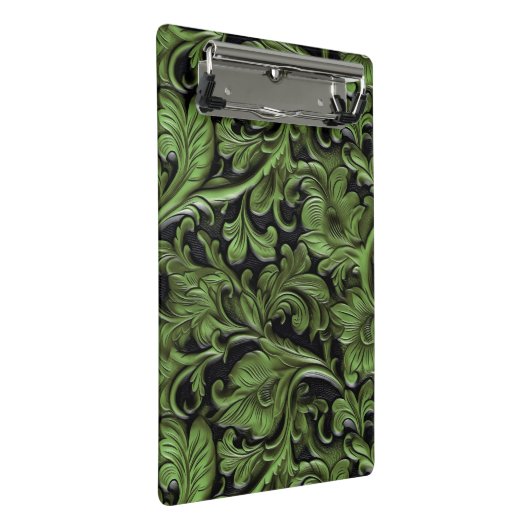 Vintages schlinggrün bearbeitetes Leder Mini Klemmbrett (Schrägansicht)