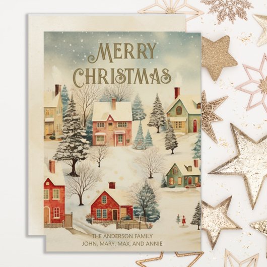 Vintages schneebedecktes Dorf Frohe Weihnachten