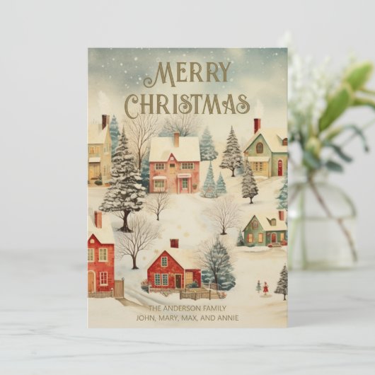 Vintages schneebedecktes Dorf Frohe Weihnachten (Stehend Vorderseite)