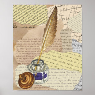 Vintages Schreiben von Collage mit Tinte und Quill Poster