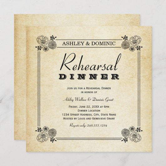 Vintages Schwarz-Blumen-Hochzeitsessen Probe Einladung (Vorne/Hinten)
