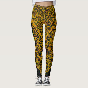 Vintages Schwarz-Gold-Indisches Blumenmuster Leggings