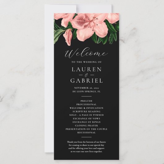 Vintages Schwarz-Rosa-Hochzeitsprogramm mit Blüten (Vorderseite)