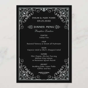 Vintages Schwarz und Silber Art Déco Hochzeitsesse Menükarte