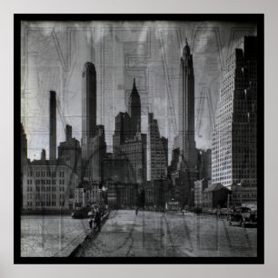 Vintages Schwarz und Weiß New York über Karte Poster