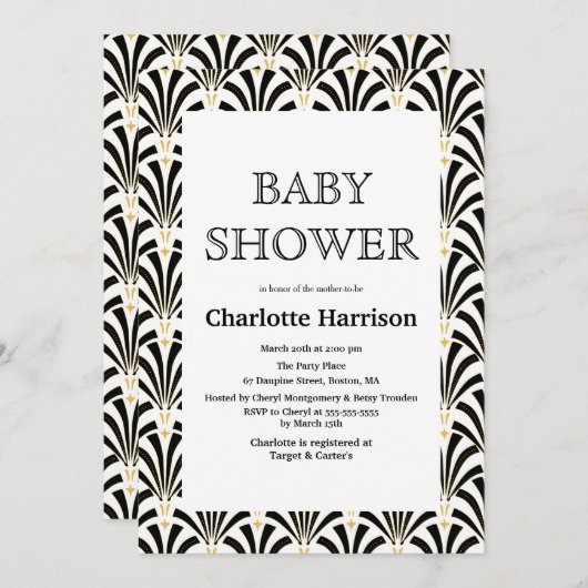 Vintages Schwarz-Weiß Art Déco Fans Babydusche Einladung (Vorne/Hinten)