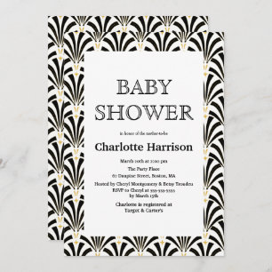 Vintages Schwarz-Weiß Art Déco Fans Babydusche Einladung