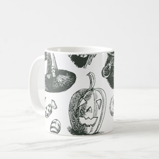 Vintages Schwarz-Weiß-Halloween-Muster Kaffeetasse (Vorderseite Links)