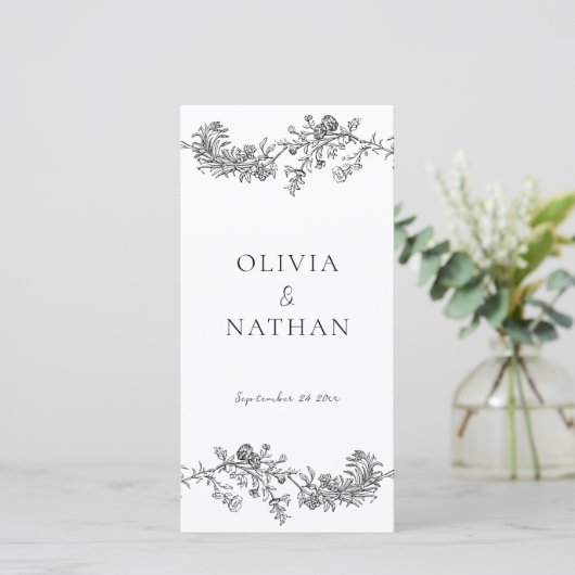 Vintages Schwarz-Weiß-Hochzeitsprogramm (Stehend Vorderseite)