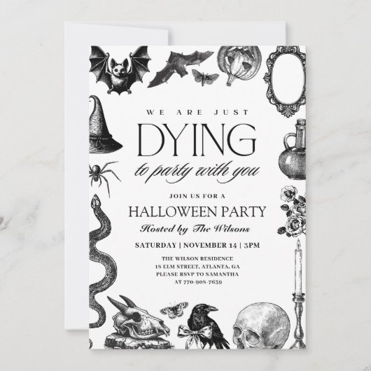 Vintages Schwarz-Weiß-SchädelHalloween Einladung (Vorderseite)