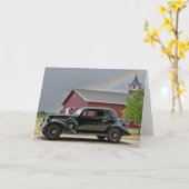 Vintages schwarzes Auto mit Regenbogen Karte (Gelbe Blume)